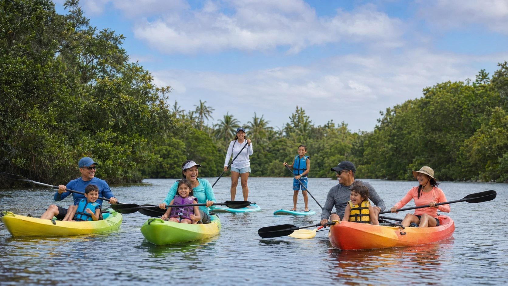 Families kayaking and stand-up paddleboarding on the Anahulu River at Tsue's Farm Haleiwa
